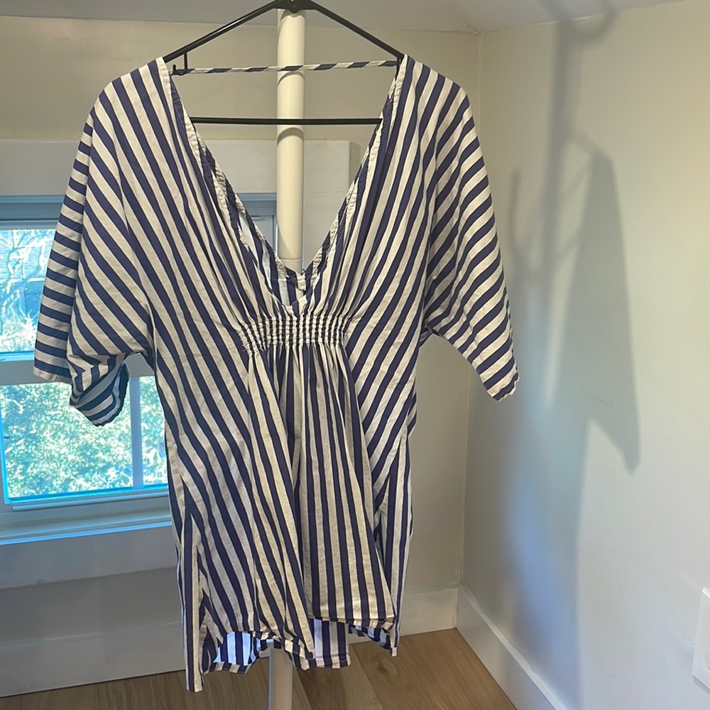 Onia Alessandra Plunging Striped Swim Coverup Dress White Mini Batwing Size S/P - Picture 3 of 5